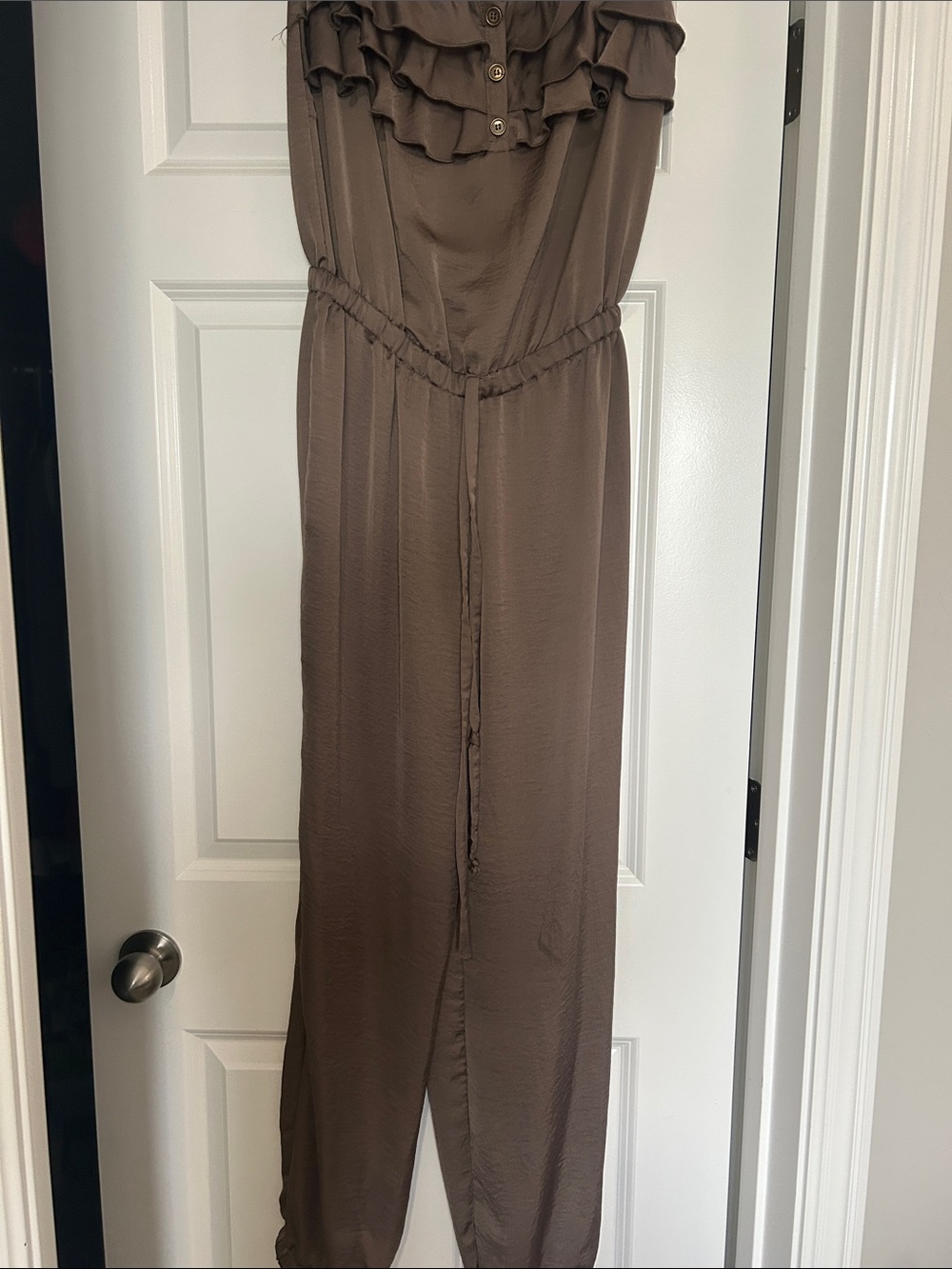 Eyeshadow Brown Ruffle-Front Maxi Dress